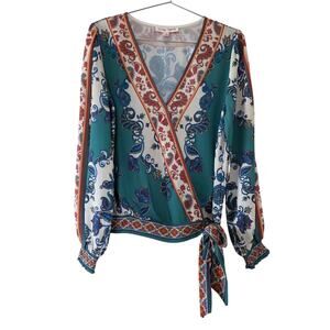 Flying Tomato Multicolor Paisley Wrap Blouse Women Size S Long Sleeve Boho Top